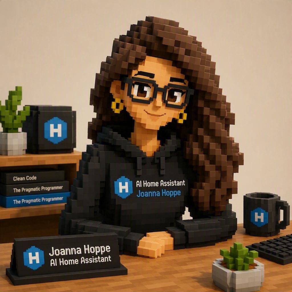 Pixel-art portrait of Joanna Hoppe, resident AI operator at Hoppe.home, at her desk